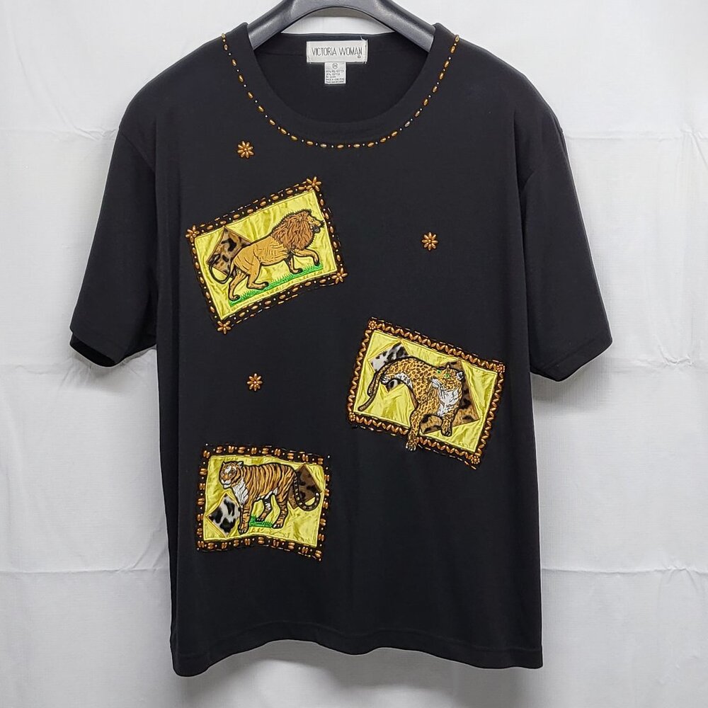 Vintage Womens Top Beads Embelish Tiger Lion Cheetah Safari 2X - Victoria Woman